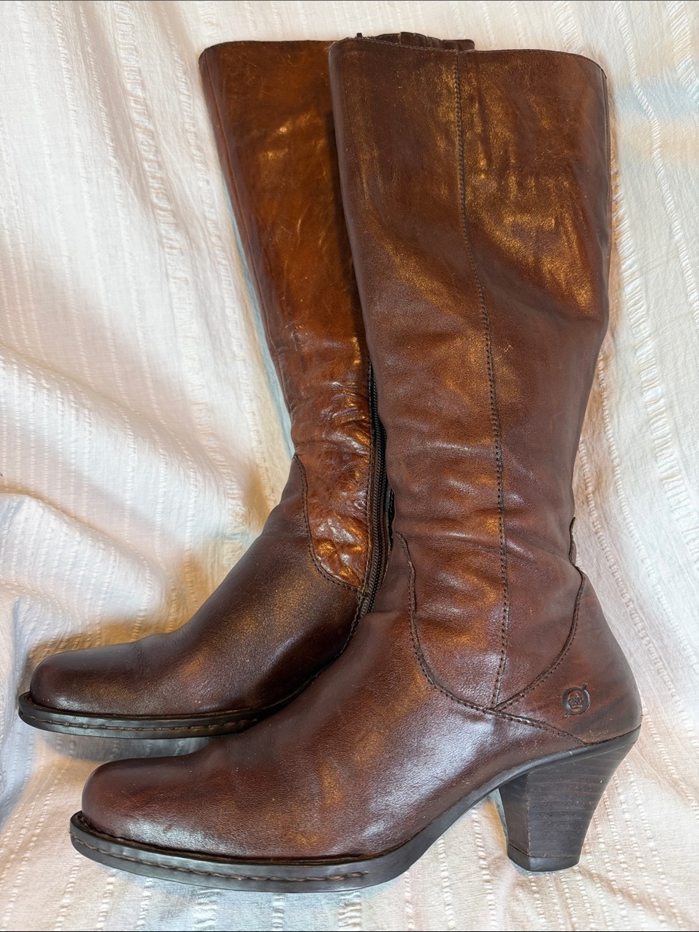 Women's Brown Leather Knee-High Heeled Boots Boho Distressed Women’s 8 Riding